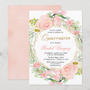 Invitation Quinceanera rose et or floral