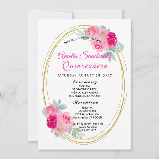 Invitation Quinceanera rose et or Floral (Devant)