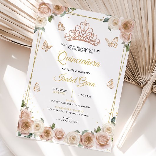 Invitation Quinceañera rose et or rose