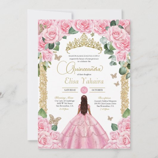 Invitation Quinceanera rose et papillon doré (Devant)