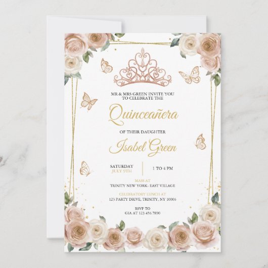 Invitation Quinceañera rose et Rose (Devant)
