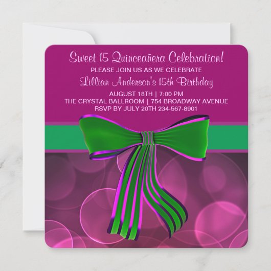 Invitation Quinceanera rose et verte (Devant)