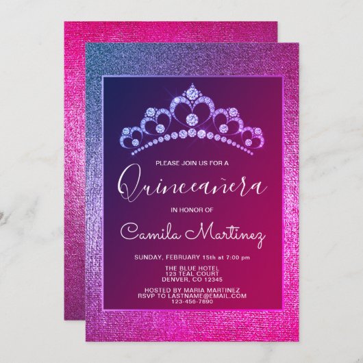 Invitation Quinceanera rose et violet avec Tiara (Devant / Derrière)