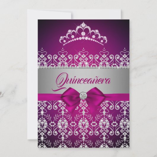 Invitation Quinceanera rose étincelle diamant Tiara Bow (Devant)
