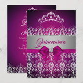Invitation Quinceanera rose étincelle diamant Tiara Bow (Devant / Derrière)