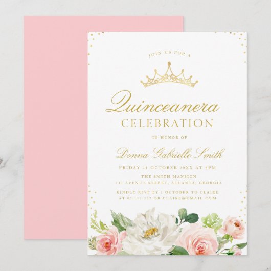 Invitation Quinceanera rose floral (Devant / Derrière)