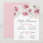 Invitation Quinceañera rose Floral (Devant / Derrière)