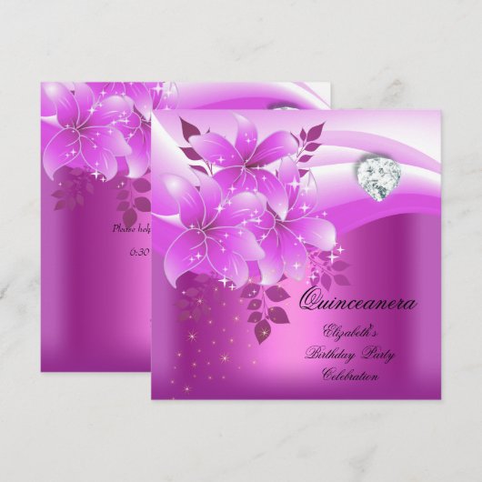 Invitation Quinceanera Rose Floral Diamond fête d'anniversair (Devant / Derrière)