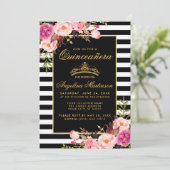 Invitation Quinceanera Rose Floral Or Grilles (Debout devant)