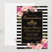 Invitation Quinceanera Rose Floral Or Grilles (Devant / Derrière)