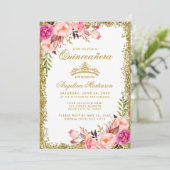 Invitation Quinceanera rose Floral Parties scintillant or Inv (Debout devant)