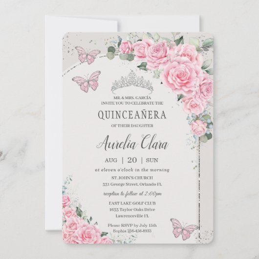 Invitation Quinceañera Rose Floral Princess 15 Años Papillon (Devant)