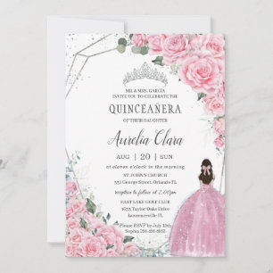 Invitation Quinceañera Rose Floral Princess Argent Anniversai