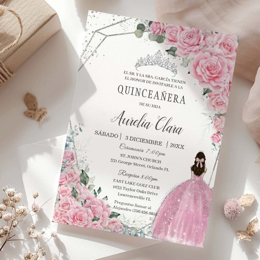 Invitation Quinceañera Rose Floral Princess Argent Anniversai