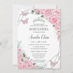 Invitation Quinceañera Rose Floral Princess Papillon en argen