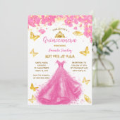 Invitation Quinceanera rose Floral Princesse Robe & Tiara (Debout devant)