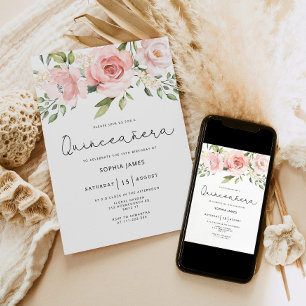 Invitation Quinceanera rose florale 15e anniversaire