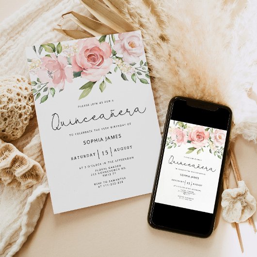 Invitation Quinceanera rose florale 15e anniversaire