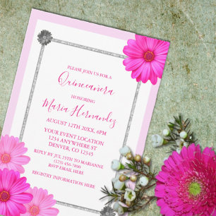 Invitation Quinceanera rose florale élégante