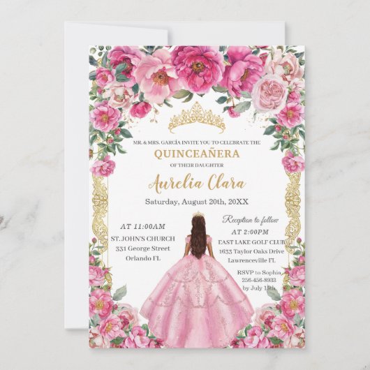 Invitation Quinceañera Rose Fuchsia Fleurs Papillons Couronne (Devant)