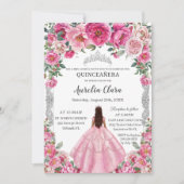 Invitation Quinceañera Rose Fuchsia Fleurs robe Gown Argent (Devant)