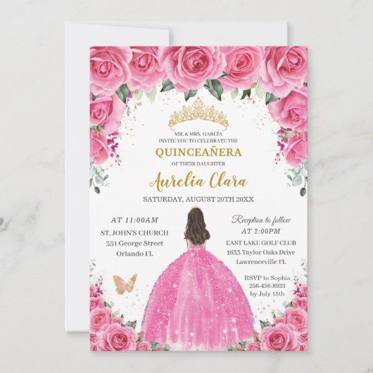Invitation Quinceañera Rose Fuchsia Floral Princess Butterfly (Devant)