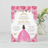 Invitation Quinceañera Rose Fuchsia Floral Princess Butterfly (Debout devant)