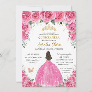 Invitation Quinceañera Rose Fuchsia Floral Princess Butterfly