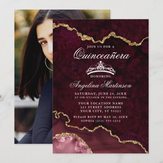 Invitation Quinceanera Rose Gold Marble Agate Géode Photo (Devant / Derrière)