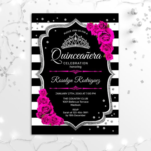 Invitation Quinceanera - Rose noir argenté