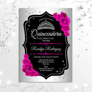 Invitation Quinceanera - Rose noir argenté
