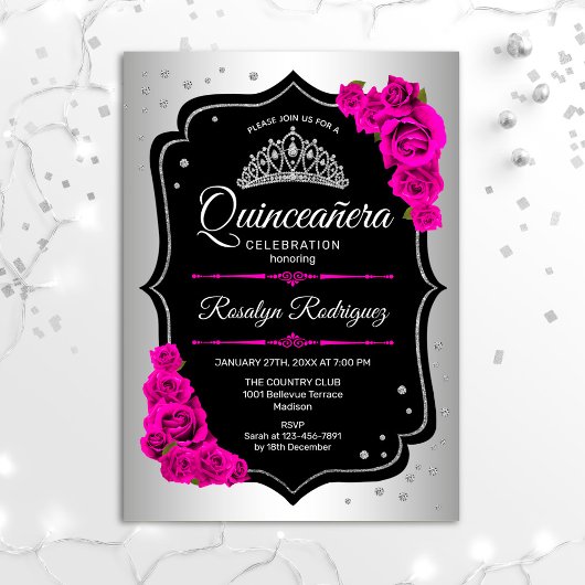 Invitation Quinceanera - Rose noir argenté