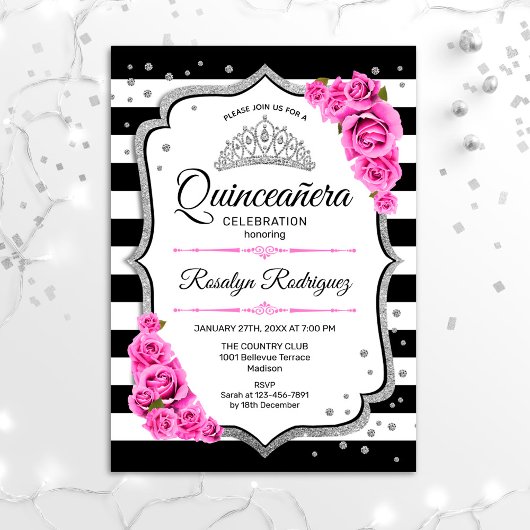 Invitation Quinceanera - Rose noir blanc