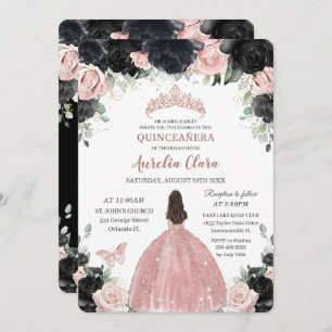 Invitation Quinceañera Rose noir Rose or princesse