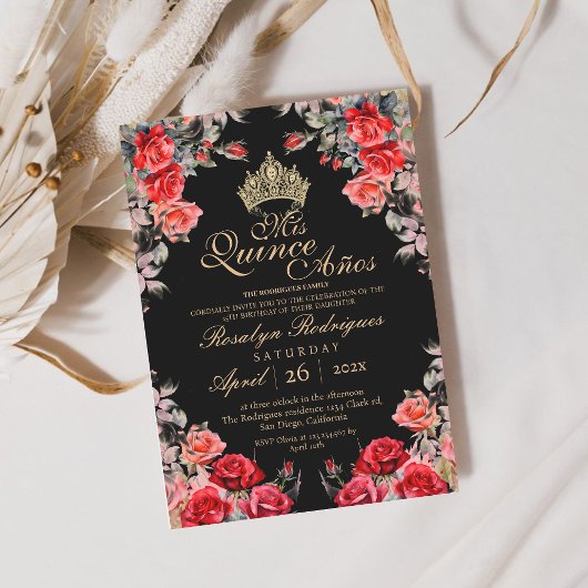Invitation Quinceanera - Rose noire et rouge or