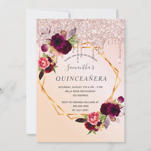 Invitation Quinceanera rose or gouttes floral bordeaux (Devant)