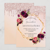 Invitation Quinceanera rose or gouttes floral bordeaux (Devant / Derrière)