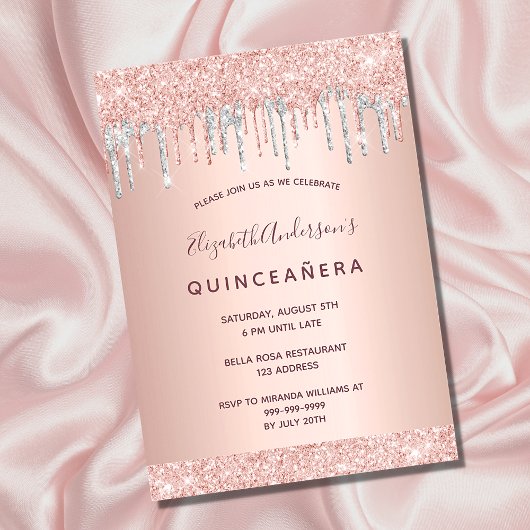 Invitation Quinceanera rose or parties scintillant rose argen