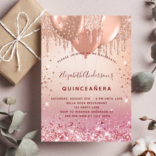 Invitation Quinceanera rose or rose parties scintillant ballo