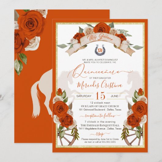 Invitation Quinceanera Rose orange Western Charro (Devant / Derrière)