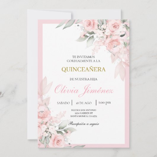 Invitation quinceañera rose pâle (Devant)