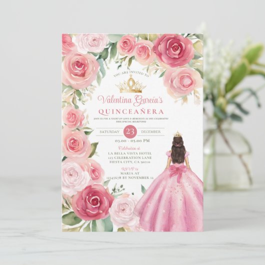 Invitation Quinceañera rose pâle 15 Anos Fleurs Or (Debout devant)