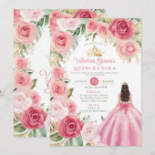 Invitation Quinceañera rose pâle 15 Anos Fleurs Or (Devant / Derrière)