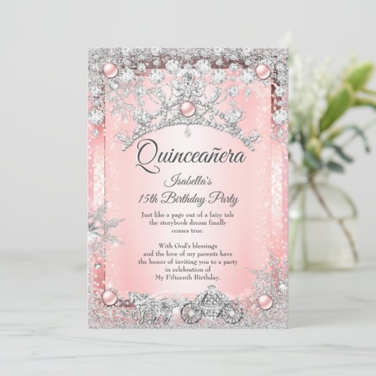 Invitation Quinceanera rose pâle 15e transport d'hiver (Debout devant)