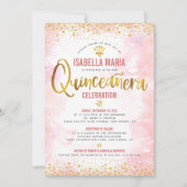 Invitation Quinceañera Rose Pâle Aquarelle Feuille Dorée Fémi (Devant)
