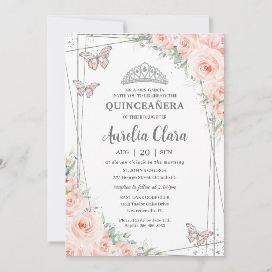 Invitation Quinceanera Rose Pâle Floral Papillons Argent (Devant)
