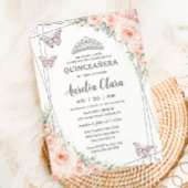 Invitation Quinceanera Rose Pâle Floral Papillons Argent