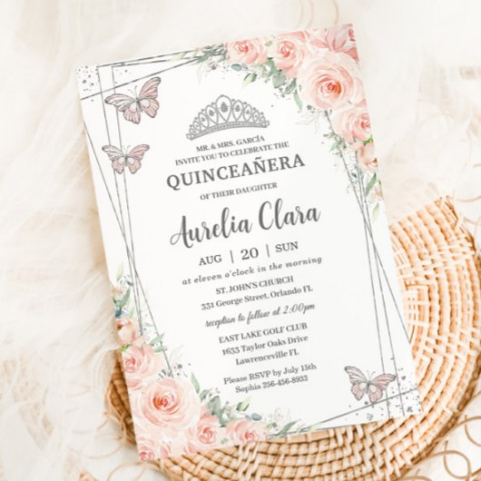 Invitation Quinceanera Rose Pâle Floral Papillons Argent