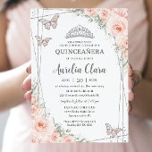 Invitation Quinceanera Rose Pâle Floral Papillons Argent