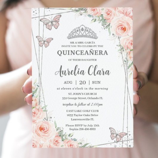 Invitation Quinceanera Rose Pâle Floral Papillons Argent